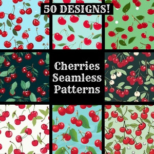 May include: Nine seamless patterns featuring red cherries with green leaves on different coloured backgrounds. The text "Cherries Seamless Patterns" is in the centre of the image.