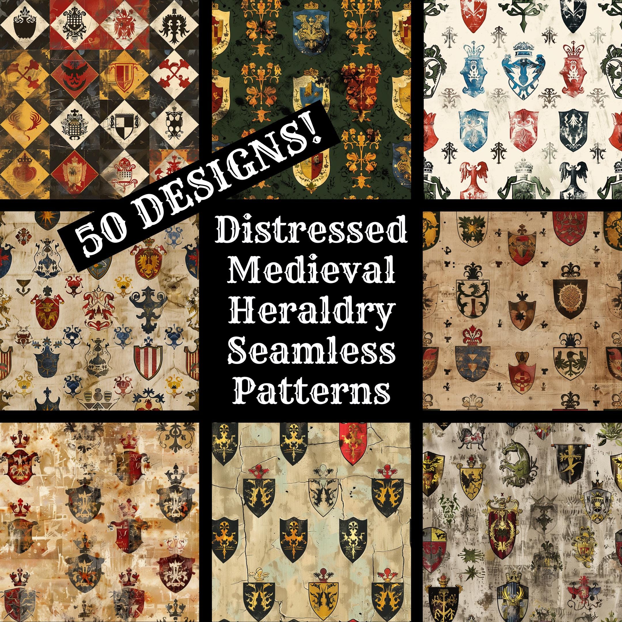 Distressed Medieval Heraldry Seamless Pattern: 50 PNG Digital Papers ...