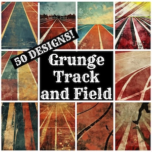May include: A collage of 50 grunge-style track and field images. The images feature red, blue, and yellow running tracks with white lines. The images are distressed and have a vintage look. The text "50 DESIGNS! Grunge Track and Field" is superimposed on the images.