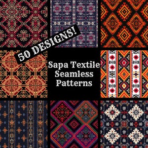 May include: Nine examples of Sapa textile patterns are displayed, showcasing geometric and floral designs in red, orange, black, and blue. The image includes the text "50 DESIGNS!" and "Sapa Textile Seamless Patterns."