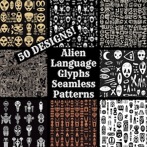 May include: A digital collage of 50 seamless patterns featuring alien language glyphs. The patterns are in black, white, and gray with a variety of geometric shapes and symbols.
