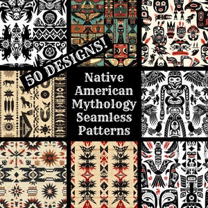 Può includere: Un set di 9 motivi senza cuciture con disegni della mitologia dei nativi americani. I motivi sono neri, bianchi, rossi e marroni con forme geometriche e figure di animali stilizzate. Il testo "50 DESIGNS!" e "Native American Mythology Seamless Patterns" è incluso nell'immagine.
