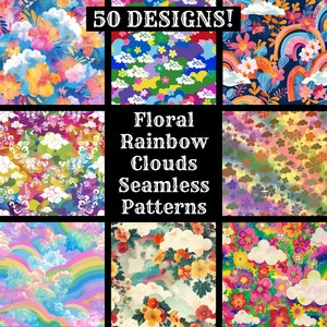 May include: 50 colourful seamless patterns featuring floral designs with rainbow clouds. The patterns are perfect for crafting, scrapbooking, and digital projects.
