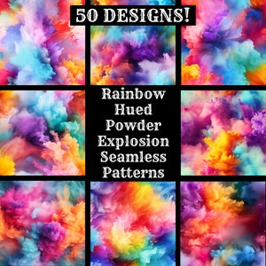May include: 50 colourful seamless patterns featuring rainbow-hued powder explosions. These digital designs are perfect for creating unique backgrounds, textiles, and more.