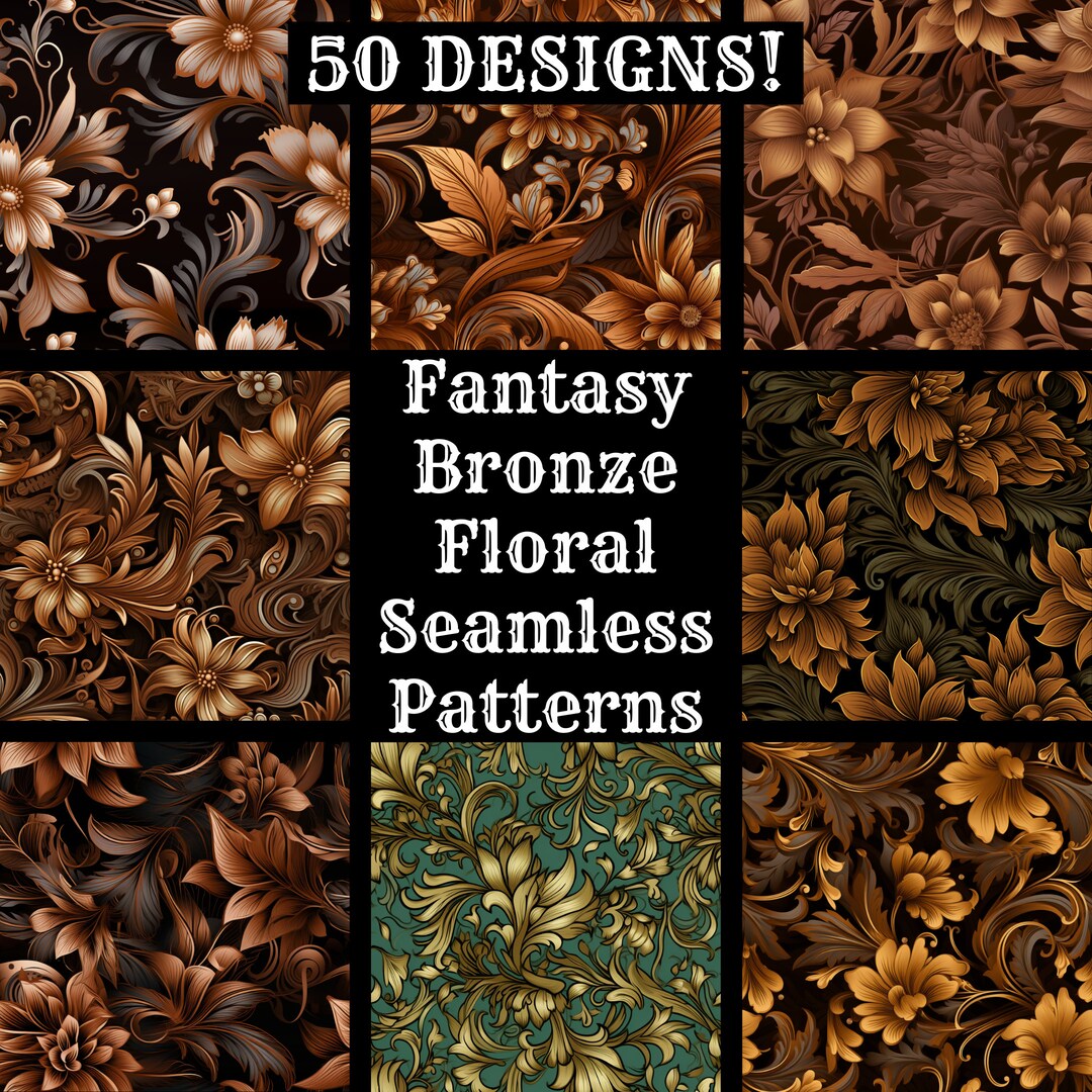 Bronze Floral Seamless Patterns: Fantasy Digital Paper (PNG, 300 Dpi ...