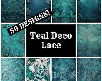 Teal Deco Lace Digital Paper: Vintage Journal Inserts (PNG, 8.5x11 inches)