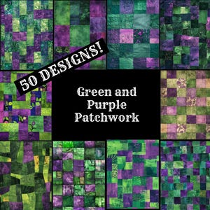 Peut inclure: 50 motifs de patchwork de courtepointe vert et violet. Les blocs sont faits de différentes nuances de tissu vert et violet et sont disposés dans une variété de motifs.