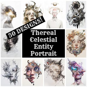 Könnte beinhalten: Eine Collage aus neun digitalen Kunstportraits, die ätherische himmlische Wesen darstellen. Jedes Portrait zeigt ein einzigartiges und komplexes Design mit Elementen aus Raum, Natur und Fantasie. Der Text "50 DESIGNS! Thereal Celestial Entity Portrait" ist über die Collage gelegt.