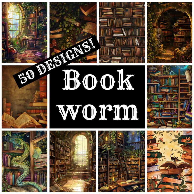 Bookworm Library Paper: Vintage Journal Inserts (PNG Digital Download ...