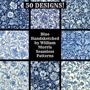 Azul dibujado a mano por William Morris papel digital sin costuras, texturas sin costuras de papel de álbum de recortes imprimible, descarga instantánea digital
