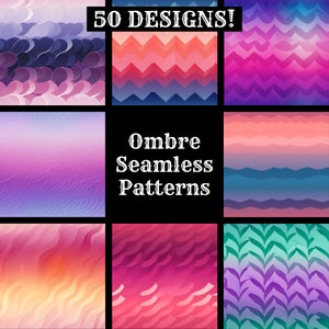 Könnte beinhalten: Eine Sammlung von 9 nahtlosen Ombre-Mustern in verschiedenen Farben, darunter Pink, Lila, Blau und Grün. Die Muster sind in einem Raster angeordnet, in dessen Mitte der Text "Ombre Seamless Patterns" steht.