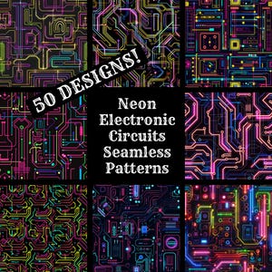 May include: A collage of nine colorful neon circuit board patterns. The patterns are seamless and feature a variety of colors, including pink, blue, green, yellow, and red. The text "50 DESIGNS!" is in the upper left corner of the image. The text "Neon Electronic Circuits Seamless Patterns" is in the center of the image.