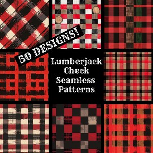 Puede incluir: Un collage de nueve patrones diferentes de cuadros rojos y negros con un texto blanco superpuesto que dice "50 DESIGNS! Lumberjack Check Seamless Patterns".