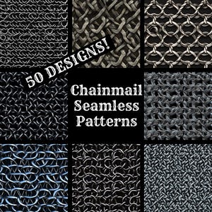 Könnte beinhalten: Eine Collage aus neun verschiedenen Kettenhemdmustern, jedes mit einer einzigartigen Textur und einem einzigartigen Design. Der Text "50 DESIGNS!" und "Chainmail Seamless Patterns" wird in der Mitte des Bildes angezeigt.