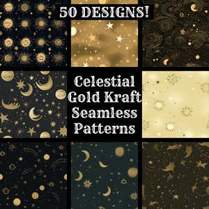 Papel digital sin costuras Kraft dorado celestial, papel para álbumes de recortes imprimible con texturas sin costuras, descarga digital instantánea con fondo dorado celestial