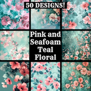 Roze en Seafoam Teal Floral Paper, Roze en Teal Floral Printable Paper, Roze en Seafoam Teal Floral Journal Supplies, Journal Inserts