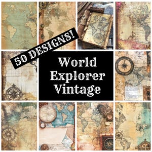 Op de afbeelding: Een collage van vintage wereldkaarten met kompasroosontwerpen. De afbeelding bevat de tekst "50 DESIGNS!" en "World Explorer Vintage", wat wijst op een verzameling thematische prints of ephemera.