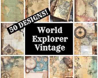 Vintage World Explorer Journal Paper: 50 PNG-designer (digital nedladdning)