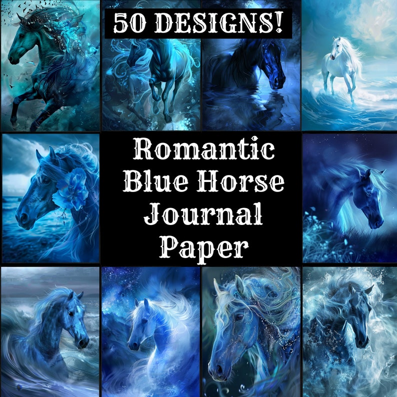 a collage of images of horses in blue and white