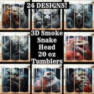 Pacote de envoltório de copo de cabeça de cobra de fumaça 3D Pacote de 24 pacotes de 20 onças de sublimação de copo magro Designs de copo cônico reto PNG, download instantâneo