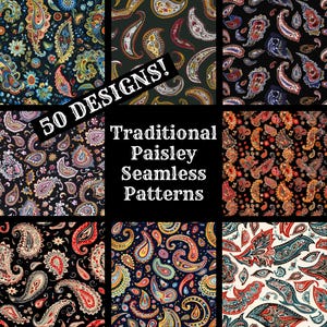 Traditional Paisley Seamless Patterns: 50 PNG Digital Papers (Digital Download)