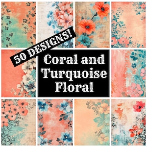Coral Turquoise Floral Journal Paper: Vintage Scrapbook (Digital Download)