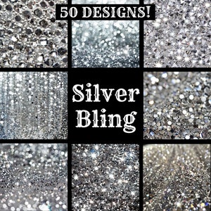 Könnte beinhalten: Eine Collage aus neun Bildern, die verschiedene Texturen von silbernem Glitzer und Bling zeigen. Der Text "50 DESIGNS!" und "Silver Bling" wird in Weiß auf schwarzem Hintergrund angezeigt.