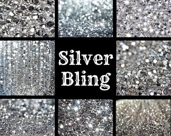 May include: A collage of nine images showing different textures of silver glitter and bling. The text "50 DESIGNS!" and "Silver Bling" are displayed in white on a black background.