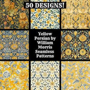 May include: A collage of 50 seamless patterns in yellow, blue, and green, featuring floral designs inspired by William Morris's Persian style. The text "Yellow Persian by William Morris Seamless Patterns" is displayed in the center.