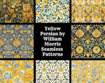 Op de afbeelding: Een collage van 50 naadloze patronen in geel, blauw en groen, met bloemmotieven geïnspireerd door de Perzische stijl van William Morris. De tekst "Yellow Persian by William Morris Seamless Patterns" wordt in het midden weergegeven.