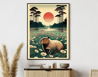 Capybara Sunset | Capybara Art, Capybara Art Print, Capybara Print, Digital Art Print, Printable Wall Art, Japanese Print, Japanese Wall Art