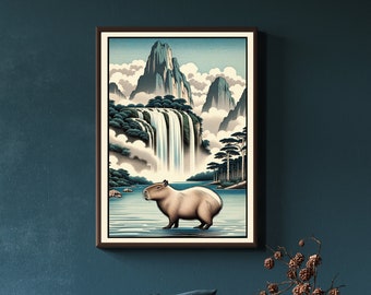 Capybara Waterfall | Capybara Art, Capybara Art Print, Capybara Print, Digital Art Print, Printable Wall Art, Japanese Print, Japanese Art