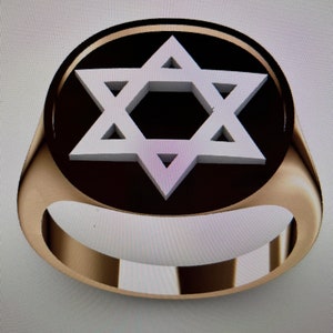 May include: A gold ring with a black onyx stone featuring a white Star of David.
