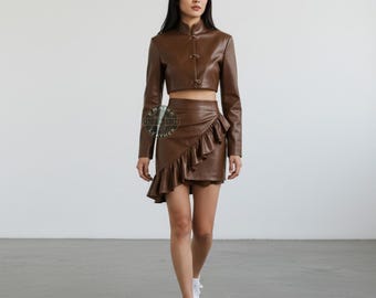 Brown Leather Cropped Jacket and Ruffled Mini Skirt Set, Handmade Genuine Leather Outfit