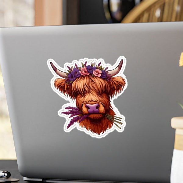 Highland Cow Purple Floral Crown, Fuzzy Bovine Flowers, Sticker for Cattle Breed Kiss-Cut Vinyl Decals