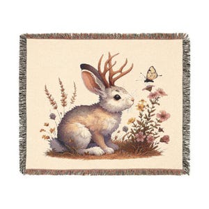 Charming Baby Jackalope Rabbit Woven Blanket - Cozy Home Decor, Cottagecore Vibes, Animal Lover Throw, Nature-Themed Blanket, Bohemian Style