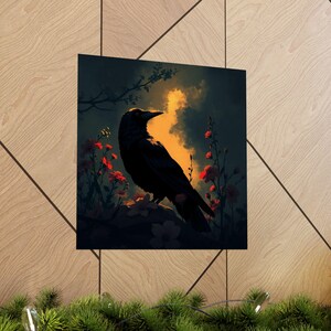 Moody Raven Art Prints - Dark Floral Decor, Gothic Wall Art, Nature Lover Gift, Boho Home Decor, Raven Poster