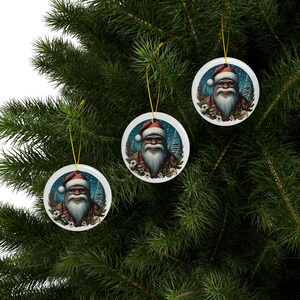 Sasquatch Santa Christmas Holiday Tree Ornament, Ceramic Bigfoot Decoration printed on both sides, 3 pieces