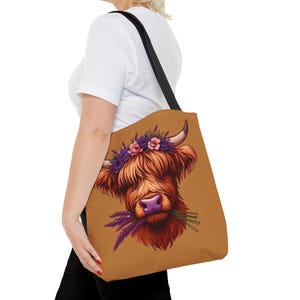 Highland Cow with a Flower Crown Tote, Scottish Hilander Carryall, Brown Cow with Horns and Lavender Project Bag, Cottagecore Style Tote