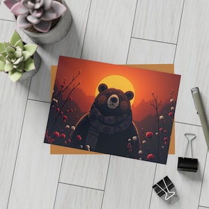 Bear Wearing a Scarf Postcard Set, Woodland Animal Blanks,  Rustic Stationery Bundles, Nature-Themed Invitations, Perfect for All Occasions