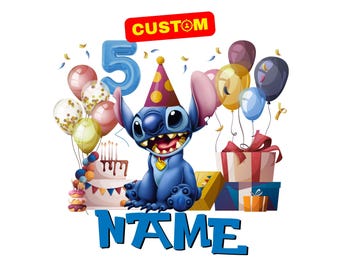 Puede incluir: Un personaje alienígena azul con un gorro de fiesta de lunares amarillos y morados, rodeado de globos de colores, un pastel de cumpleaños de varios niveles y regalos. El gráfico incluye el número 5 azul, el texto CUSTOM y la palabra NAME.
