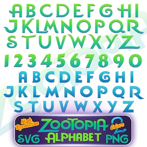 Paquete de imágenes prediseñadas de fuentes Zootopia Alpahbet, letras de fuente SVG de Zootopia, imágenes prediseñadas de sublimación de dibujos animados, fuente de alfabeto Zootropolis Zoomania PNG
