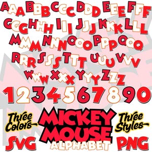 Mickey Mouse Alphabet Font SVG, Mickey Mouse PNG Cartoon Cliparts for Sublimation, Mickey Mouse Movie Themed Font Letters and Numbers SVG
