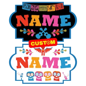 May include: A graphic design featuring two stacked rectangular frames with blue borders. The top frame is black with the word NAME in colorful letters, two crossed blue guitars, and papel picado banners. The bottom frame is white with the word NAME, a red winged creature, and four colorful sugar skulls.
