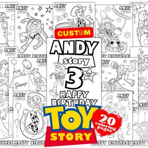 May include: A collection of twenty black and white coloring pages featuring characters from Toy Story. Each page includes the text Andy story and Happy Birthday. The central page displays the text Andy story 3 Happy Birthday Toy Story.