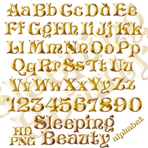 May include: Gold alphabet letters and numbers with a 3D effect. The letters are in a decorative, stylized font. The text "Sleeping Beauty" is also included in the image.