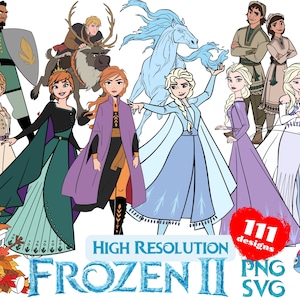 Frozen II SVG Cliparts Bundle, Frozen svg Cartoon Cliparts for Sublimation, Frozen Movie Themed Clip Arts Collection for Birthday Party PNG
