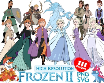Frozen II SVG Cliparts Bundle, Frozen svg Cartoon Cliparts for Sublimation, Frozen Movie Themed Clip Arts Collection for Birthday Party PNG