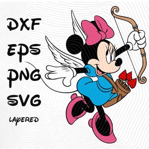 Minnie Mouse Cupido Valentine Sublimação Cliparts, Minnie Mouse SVG Desenho Animado Sublimação Clipart, Minnie's Valentine Cupido Flecha