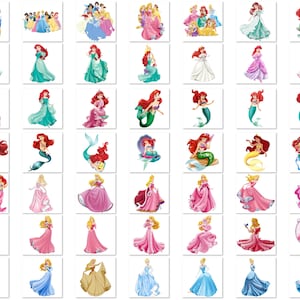 Pu&ograve; includere: Una collezione di immagini quadrate con varie principesse Disney. Le immagini mostrano le principesse nei loro abiti iconici, con colori vivaci come rosa, blu e verde. Alcune immagini presentano Ariel come una sirena.
